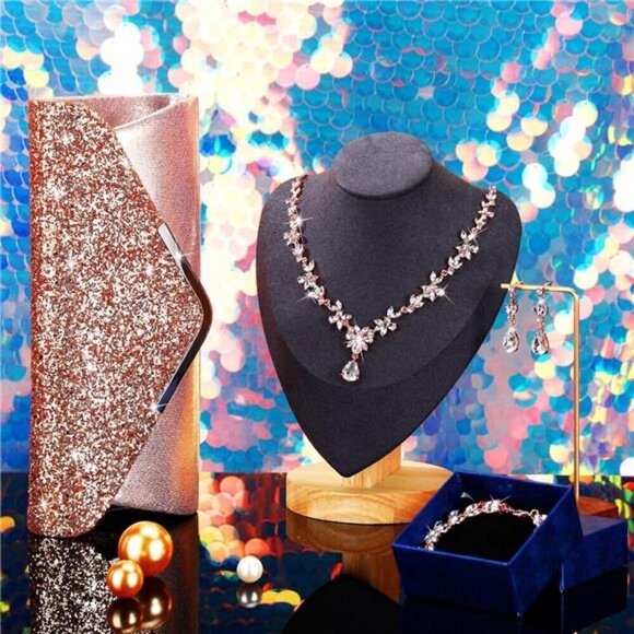 4 Pcs Pink Rhinestone Jewelry Set Floral Teardrop Crystal Wedding Set W/ Clutch - Picture 3 of 5